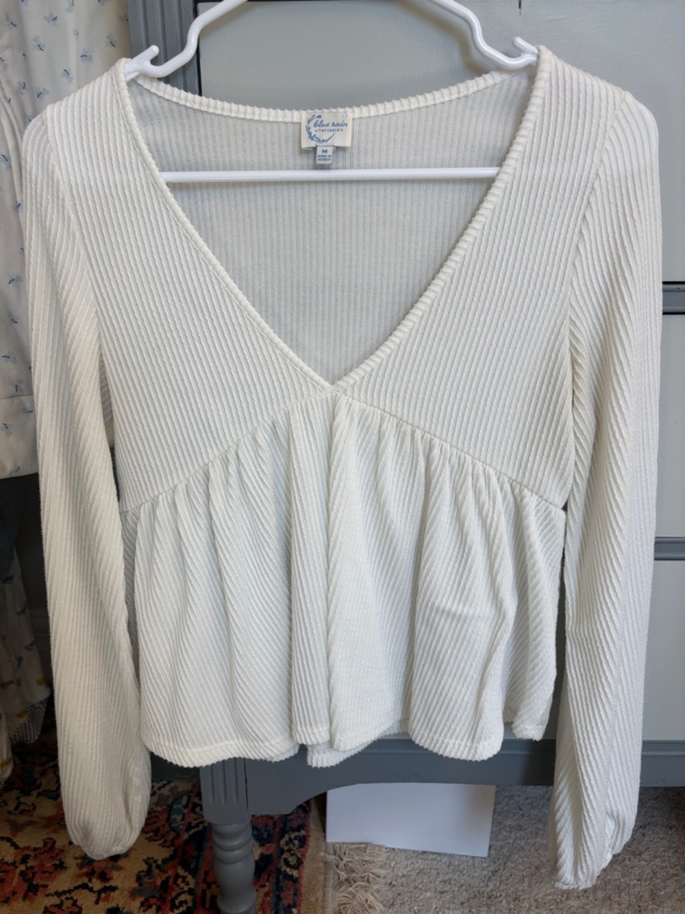 Blue Rain Cream Ribbed V-Neck Peplum Long Sleeve Top